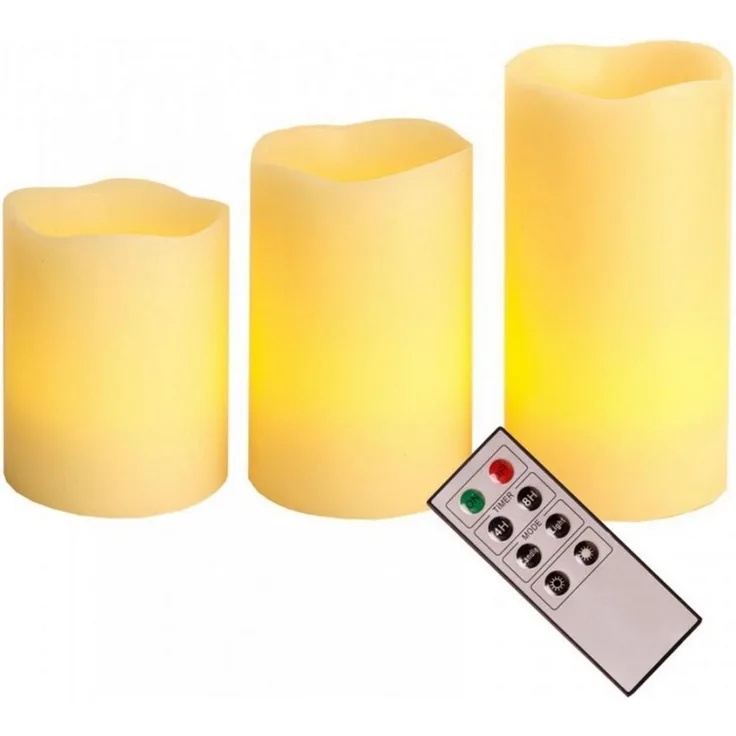 MARELIDA LED-Kerze LED Kerzenset Echtwachs flackernd Timer Fernbedienung creme 3er Set, LED Classic, warmweiß (2100K bis 3000K)