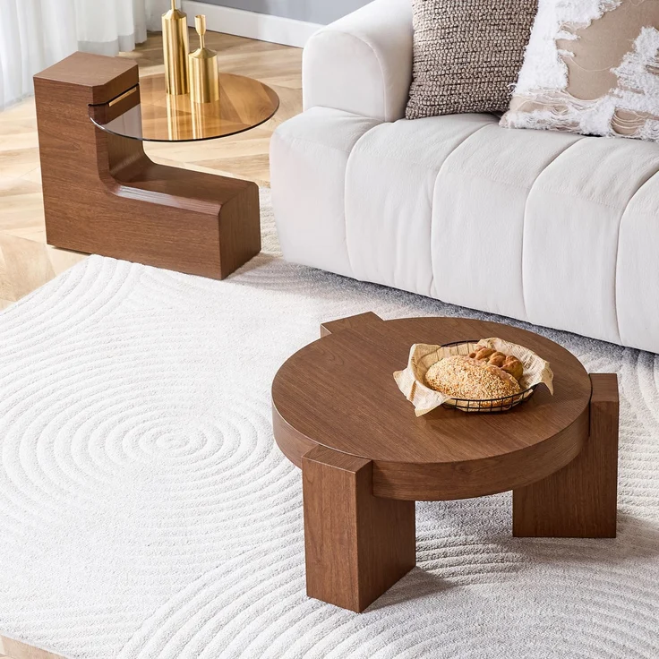 DESVIAE Couchtisch-Set 2-tlg. mit Sicherheitsglas Ø61x30 cm, MDF in Nussbaumoptik, braun – Bild 3