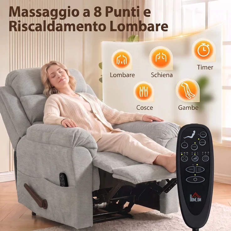 Manuell verstellbarer Massagesessel mit 135°-Neigung, Heizfunktion, verstellbarer Kopfstütze, Chenille, Hellgrau – Bild 6