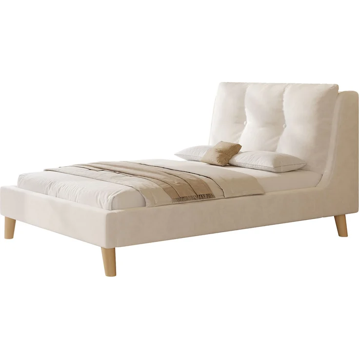 Merax Polsterbett, Einzelbett, Kinderbett 90 x 200cm, Bett mit Lattenrost und Kopfteil, Bettbeine aus Massivholz, gepolstertes Kopfteil, samt, beige – Bild 10