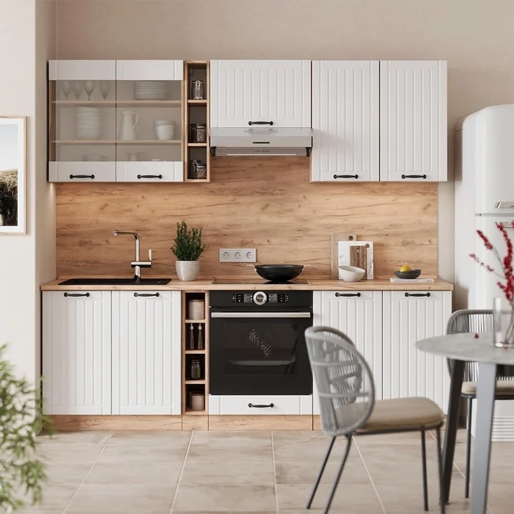 Küchenzeile Fame-Line Weiß Landhaus 235 cm , AP Marmor Vicco – Bild 2