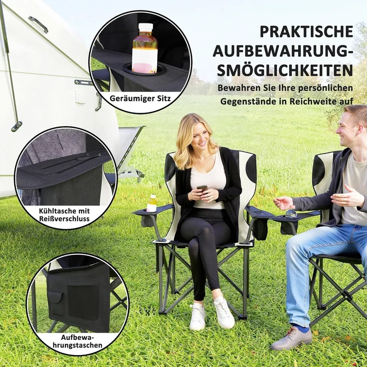 Outsunny Campingstuhl mit Armlehnen Getränkehalter Kopfstütze Kühltasche (2er Set Faltstuhl, 2 St), bis 120kg belast, gepolstert, für Garten, Camping – Bild 6