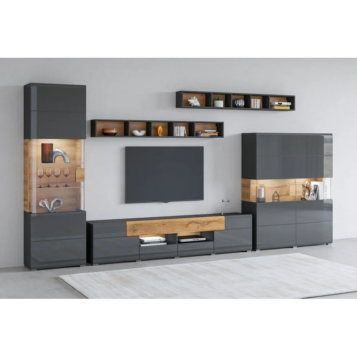 INOSIGN Wohnwand Toledo,Breite 391cm stilvolle Mediawand ohne Beleuchtung, (Set, 5-St), Anbauwand(Vitrine,Lowboard,Highboard,2xHängeregal)MDF Hochglanzfronten – Bild 2