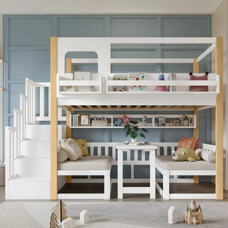 Etagenbett mit 2 Liegeflächen, Treppe, Tisch, Regalen, Rausfallschutz, 90x200cm, Liegefläche umbaubar zur Sitzgruppe, Kinderbett, Kiefer – Bild 1