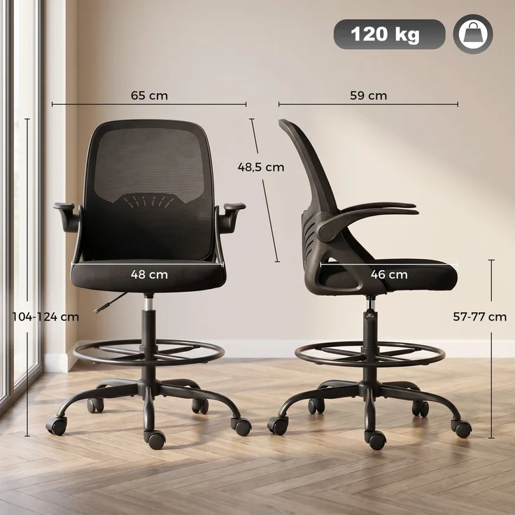 MELAYR, Zeichenstuhl mit verstellbarer Lendenstütze, Drehfunktion, Netzbezug, 65 x 59 x 124 cm, Schwarz – Bild 5