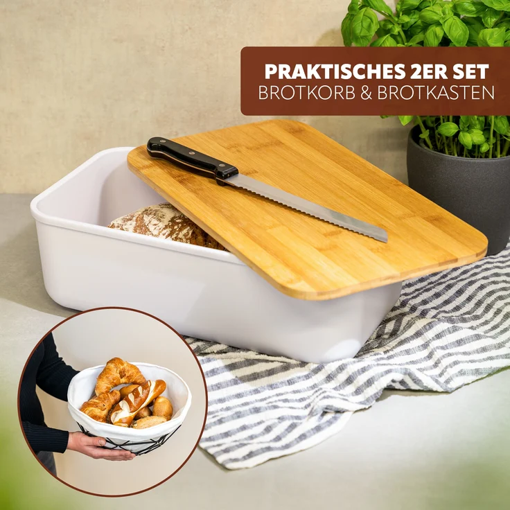 2tlg. Brotaufbewahrungs-Set - Brotkasten und Brotkorb (Kunststoff/Metall, weiß) – Bild 2