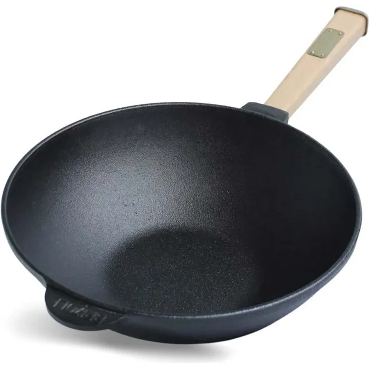 Wok Bratpfanne Ø24 cm 2,2 L aus Gusseisen mit Holzgriff Glasdeckel Asia Wokpfanne Induktion – Bild 3