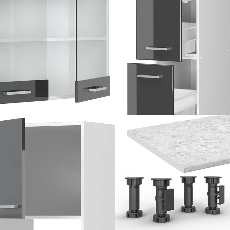 Küchenzeile R-Line Anthrazit Hochglanz/Weiß 350 cm mit Hochschrank, AP Marmor Vicco – Bild 5
