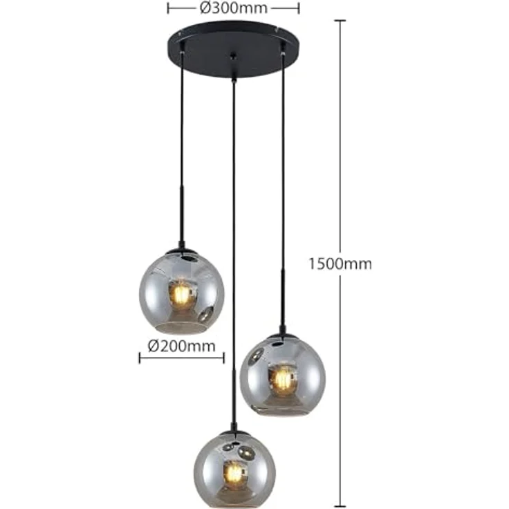 Lindby Pendelleuchte 'Jurian', 3-flammig aus Rauchgrauem Glas und schwarzem Stahl, E27 Fassungen für max. 15W, Ø 32 cm, ideal für Wohnzimmer und Esszimmer – Bild 5