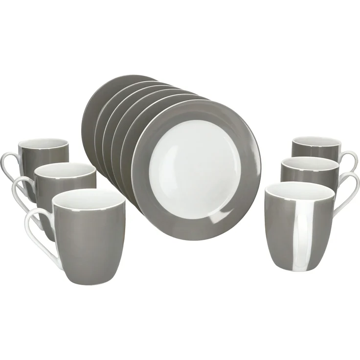 12tlg Frühstücksset Variant Grau Porzellan 6 Personen Teller klein Kaffeebecher – Bild 2