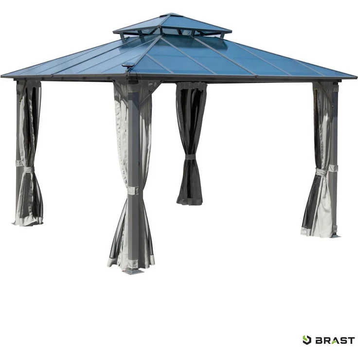 BRAST Pavillon Aluminium Pagode inkl. Moskitonetz, festes Dach, wasserdicht, stabil, UV-Schutz, 3,5x3,5 m, Hellgrau – Bild 1