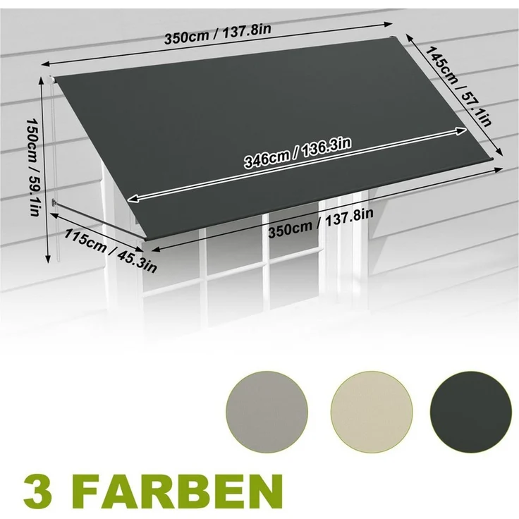 FIVMEN Markise Fallarmmarkise, Anthrazit, UV-Schutz für Balkon & Fenster Aluminiumrohre und 100% Polyestergewebe mit wasserdichter Beschichtung – Bild 2