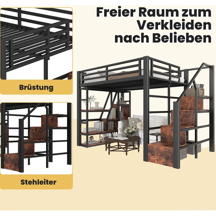 CHICFURN Hochbett Metall und MDF Schwarz 140x200 cm mit Stauraum und LED-Beleuchtung – Bild 6