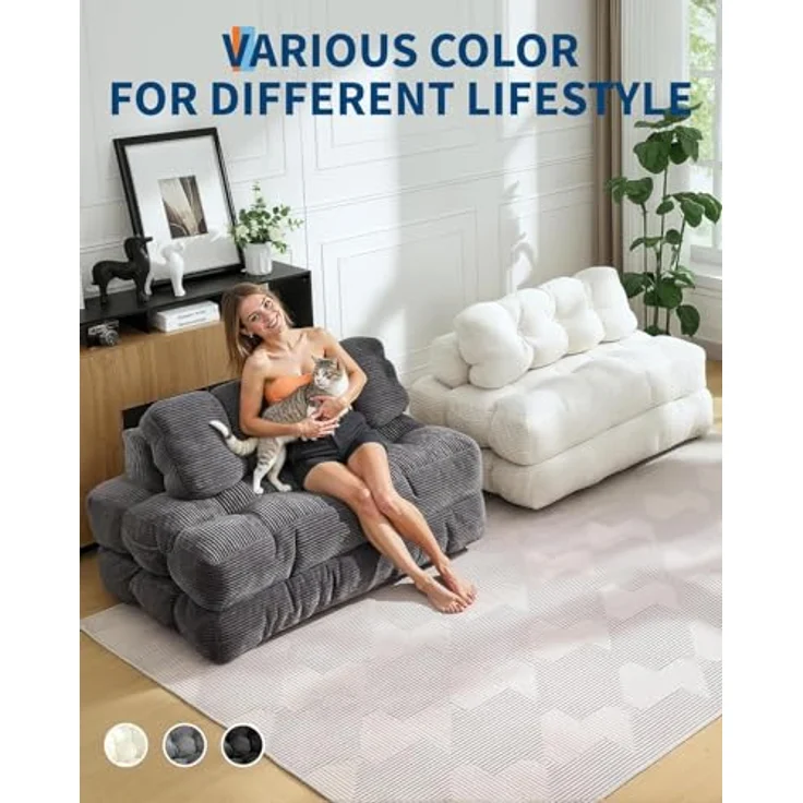 GarveeHome 3-in-1 Klappbares Schlafsofa mit Kissen – Faltbare Matratze & Rückenstütze – Komfortabler, tragbarer Doppelsitzer für Wohnzimmer & Studentenwohnheim – Platzsparendes Bodensofa – Maße: – Bild 7