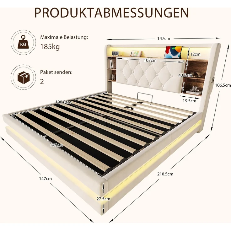 TavilaEcon Boxspringbett Samtbett, Polsterbett mit LED-Beleuchtung & USB-Ladefunktion beige Liegefläche 140 × 200 cm – Bild 2