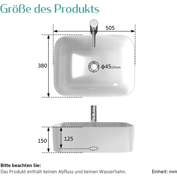 EMKE Waschbecken Aufsatzwaschbecken 50 x 38 x 15 cm, Handwaschbecken für Badezimmer & Gäste WC, Waschtisch Klein Waschbecken Bad Waschschalen Eckig Keramikwaschbecken Weiß – Bild 7
