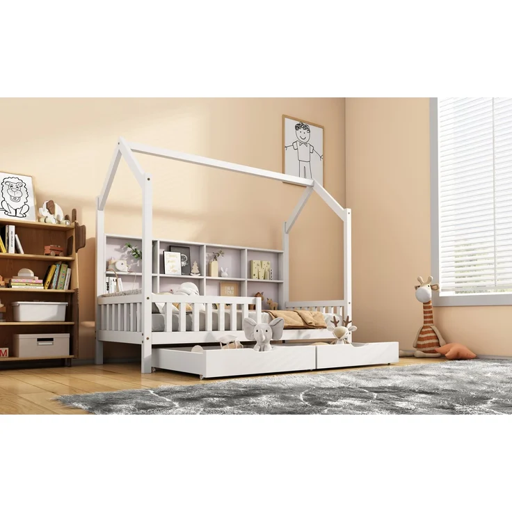 Merax Hausbett 90x200cm Kinderbett mit Mehrzweck-Bücherregal-Speichergitter-Kabinett Ablageregal und zwei großen Schubladen mit Stauraum und Kaminform, Weiß – Bild 7