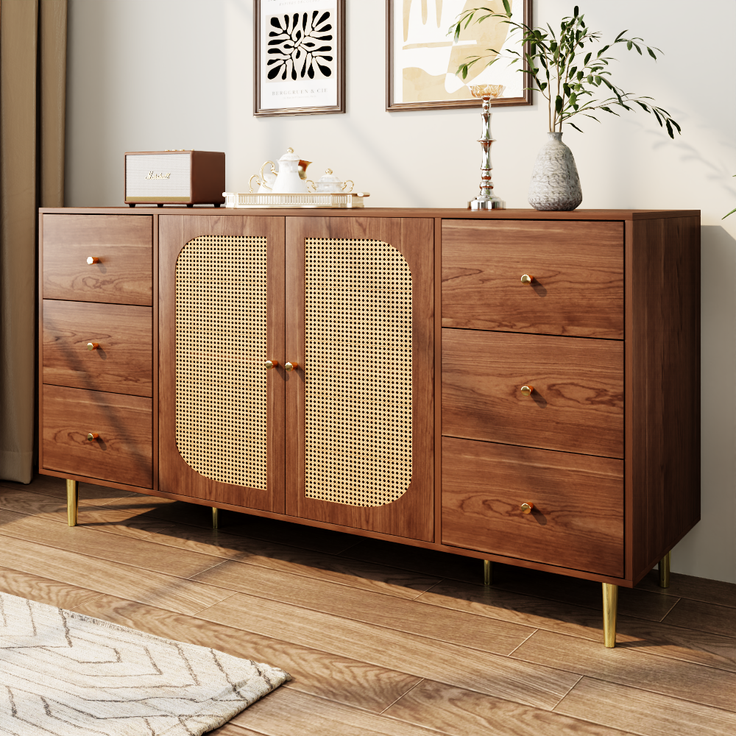 Sideboard Holzoptik, 160x40x90 cm mit Rattantüren & 6 Schubladen – Bild 2