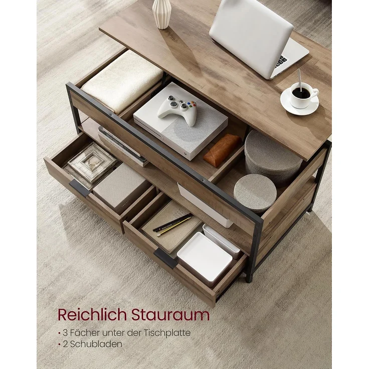 Vasagle Couchtisch, höhenverstellbarer Wohnzimmertisch, Kaffeetisch, mit Schubladen, offenes Fach,50x100 x (48-63)cm， kamelbraun-schwarz – Bild 5