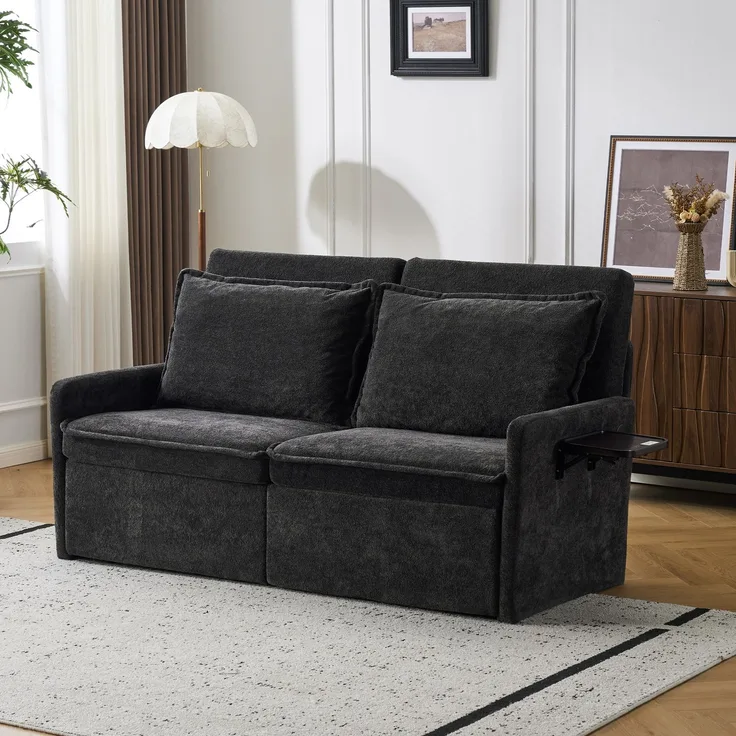 Schlafsofa mit Kissen und USB-Anschluss, 3-in-1-Sofa mit 5-fach verstellbarer Rückenlehne, klappbares Schlafsofa mit Stauraum, Chenille, Schwarz--Schwarz--172.5x71x95cm--YOUDENOVA