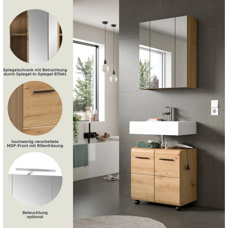 welltime Badmöbel-Set FLORENZ, 2-tlg. Bad-Kombination, hochwertige MDF-Front, (3-St, best. aus: 1 Spiegelschrank, 1 Waschbeckenunterschrank), Bad-Kombination, Bad-Möbel, Badezimmer, Kombination, Kombi – Bild 4