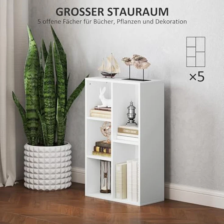 HOMCOM Bücherregal modernes Standregal mit 5 offenen Ablagefächern, freistehendes Ausstellungsregal 1-tlg, 50 x 24 x 80 cm, Weiß – Bild 5