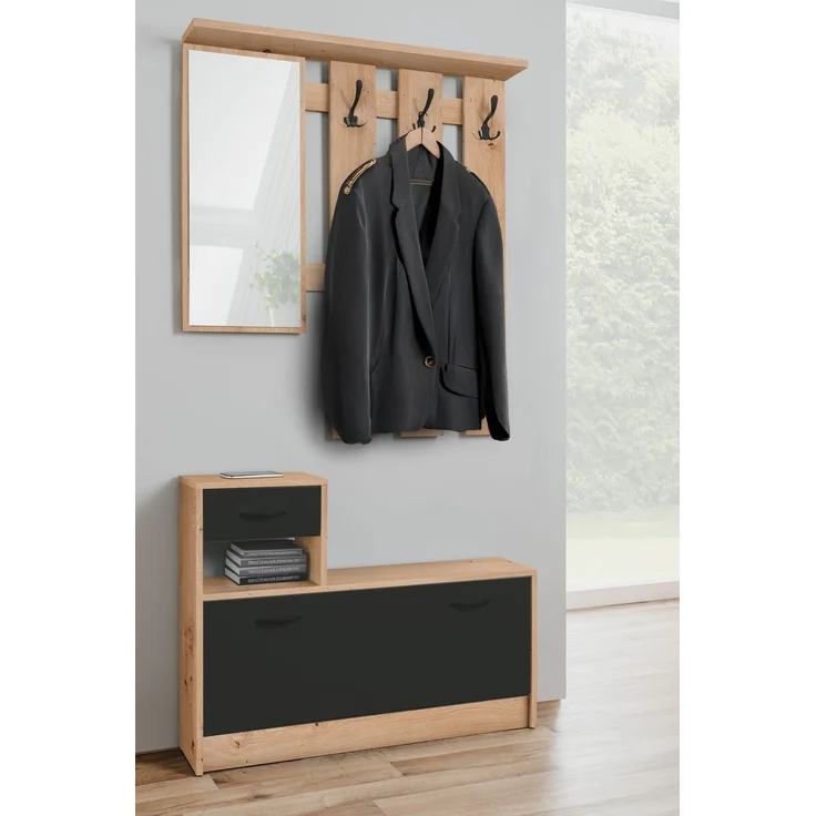 Kompaktgarderobe >Rudolf< in Artisan Eiche Dekor / Schwarz - 100x180x25 (BxHxT) – Bild 3