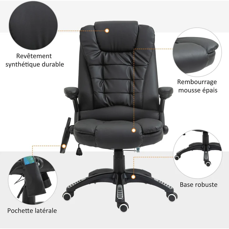 Elektrischer Massagesessel mit Heizfunktion, ergonomischer Bürostuhl mit schwarzem Kunstlederbezug – Bild 10