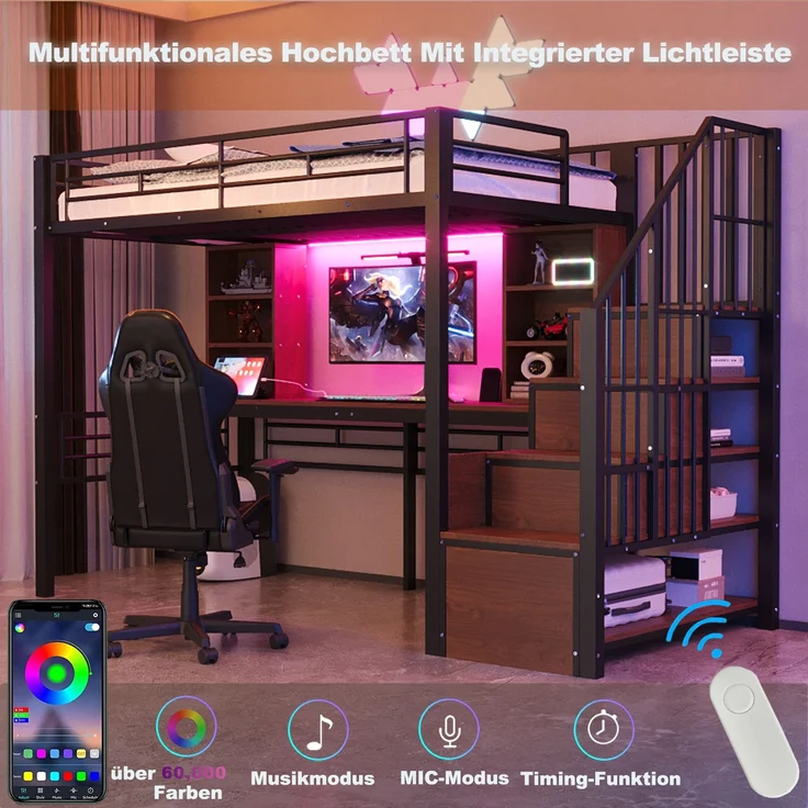 Merax Hochbett Kinderbett 90×200 cm, Jugendbett, Einzelbett mit Ablage, Schreibtisch, Steckdose und LED-Beleuchtung, Integrierter Stauraumtreppe (links/rechts montierbar), Schwarz – Bild 7
