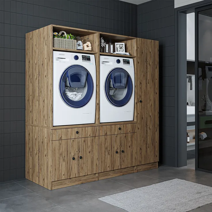 Roomart Schrankwand für Waschküche & Hauswirtschaftsraum – SERIE 1 – 179 cm breit – mit Ausziehbrett – Waschmaschinenschrank & Stauraumlösung • Eiche