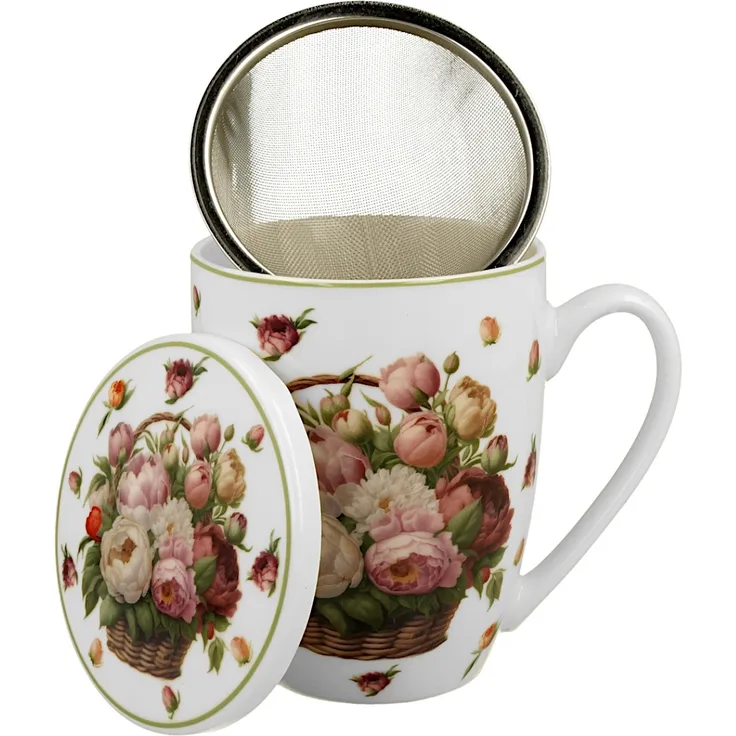 DUO Becher 360 ml BASKET OF FLOWERS PEONIES mit Teesieb, New Bone China Porzellan