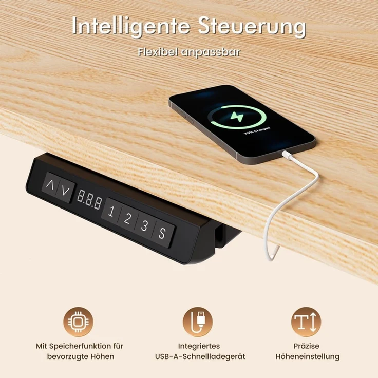 HOMAVO höhenverstellbarer Schreibtisch 80×180 cm, mit Memory- und Anti-Kollisionsfunktion, USB-A- und USB-C-Anschlüssen, Höhe 70–120 cm, Natu – Bild 5