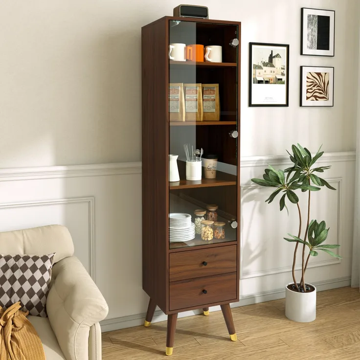 Moderner Hochschrank mit Glastür, Vitrinenschrank mit verstellbaren Regalen und 2 Schubladen, Standschrank für Wohnzimmer, Bad & Büro in Nussbaumholz-Optik--Nussbaum--39.8x35x160cm--YOUDENOVA