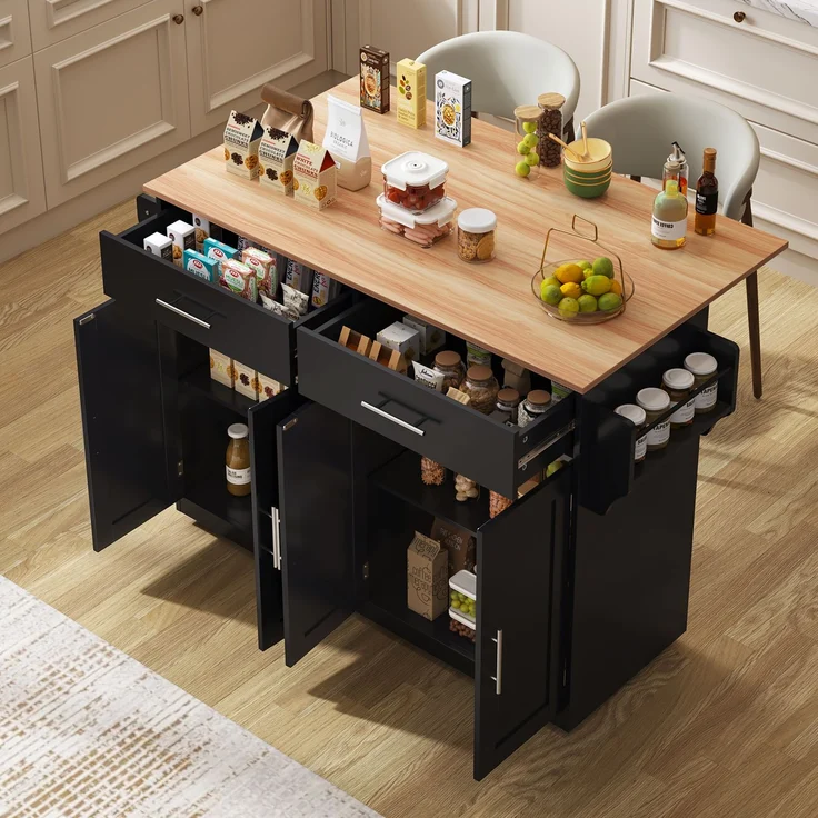 Servierwagen 120x46x91 cm mit klappbarer Tischplatte, Rollen und austauschbaren Holzfüßen, Kücheninsel und Sideboard, Schwarz & Natur – Bild 4