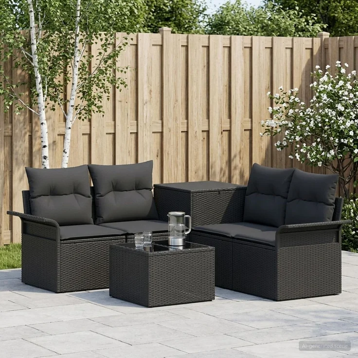 vidaXL Sofa Set 6 stk. 4-Sitzanzahl Schwarz Polyrattan und Stahl 3447064 – Bild 1