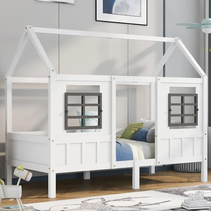 Bett 200x90 cm Hausbett mit 2 Fenstern aus Kiefer und MDF – sicheres Kinderbett in Weiß