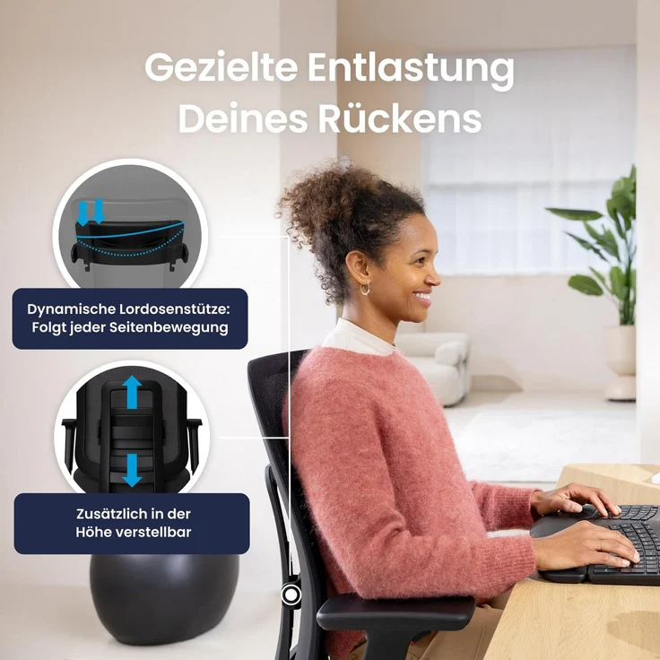 Ergotopia 'PureBack' ergonomischer Bürostuhl mit Lordosenstütze & 4D-Armlehne, Schwarz, mit Kopfstütze – Bild 4