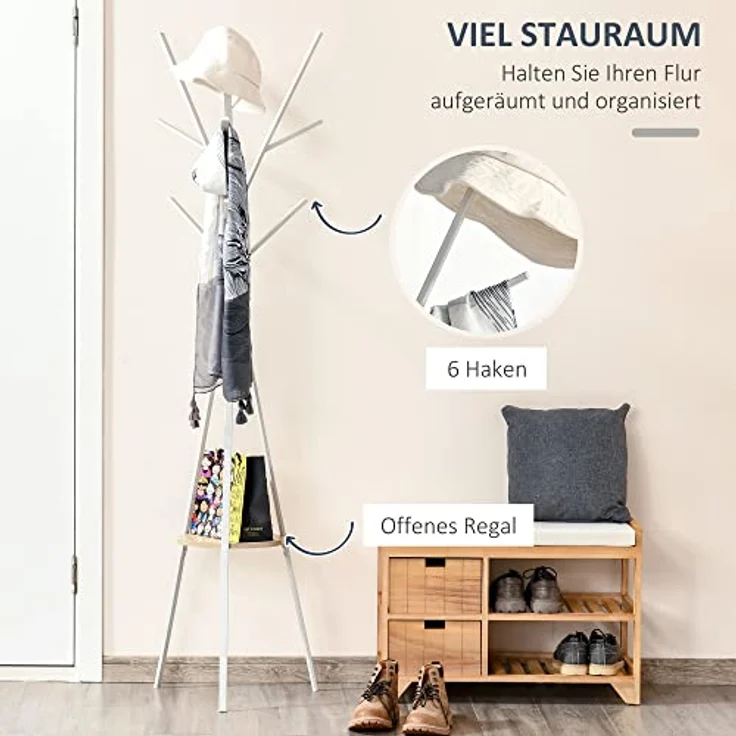 HOMCOM Garderobenständer Kleiderständer mit 8 Hake, (Garderobe mit Ablage, 1 St, Kleidungsständer), Metall, Weiß, 45 x 45 x 180 cm – Bild 4
