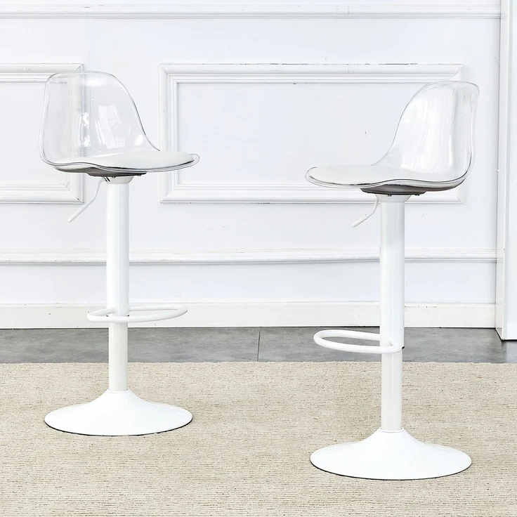 2-Pack verstellbarer Balkenstuhl: transparente Rückenlehne + weiße Metallbeine, höhenverstellbar von 82-104 cm, 360 ° Drehung.--Transparent, Weiß--40.5x40.5x50cm--YOUDENOVA – Bild 3