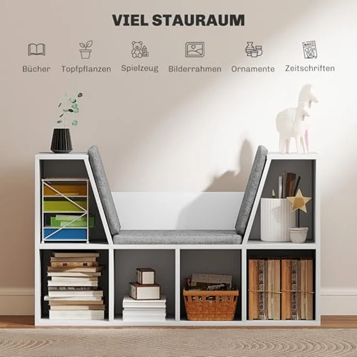 HOMCOM Bücherregal Kleiner Bücherschrank mit Sitzkissen, 6 Fächern, Leinenoptik, Aufbewahrungsregal 1-tlg, für Wohnzimmer, Schlafzimmer, 105 x 30 x 63 cm, Weiß – Bild 4