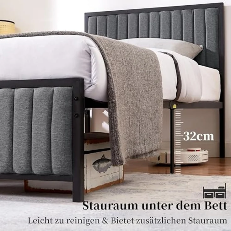 VECELO Bettgestell 90x200 cm, Metallbett Einzelbett mit Gepolstertem Kopf- und Fußteil, Bettrahmen mit Lattenrost, 32cm Höhe unter dem Bett, Kein Boxspring Erforderlich, Grau – Bild 6