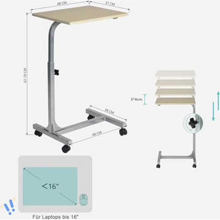 MEUBLE COSY Laptoptisch Höhenverstellbar mit Rollen Laptopständer Beistelltisch Sofatisch Nachttisch, Gestell aus Metall, Tischplatte aus Holz, Eiche, 48 x 37 x 79 cm – Bild 4
