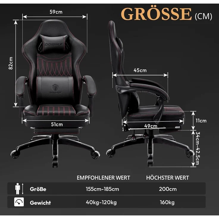 Ergonomischer Gaming Stuhl mit Massage Lendenwirbelstütze und Fußstütze – Bild 2