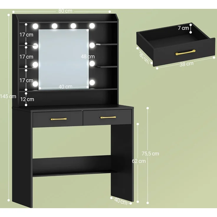 Schminktisch mit Spiegel, Schminktisch mit Ablageflächen und 2 Schubladen, für Schlafzimmer, Wohnzimmer, Verstellbare Helligkeit, 40 x 80 x 149 cm, Schwarz – Bild 7