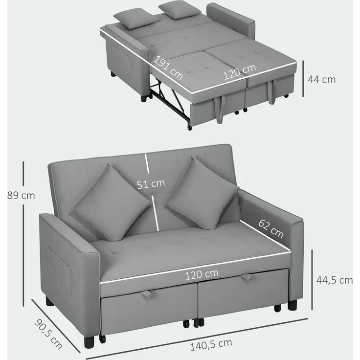 Schlafsofa 4-in-1 mit Bettkasten & verstellbarer Rückenlehne, 140,5x90,5x89 cm, Grau – Bild 2