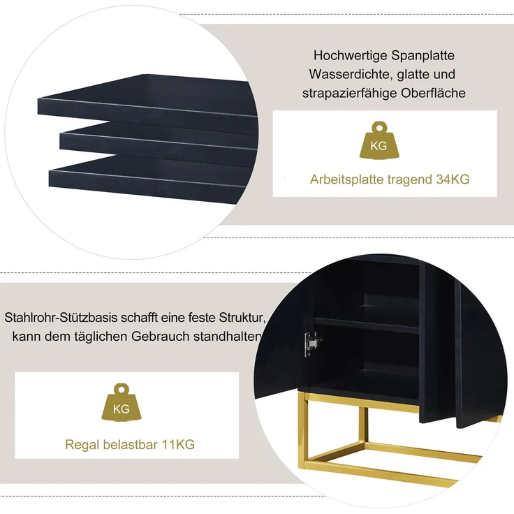 Sideboard mit Metallrahmen, 4 Türen, verstellbaren Regalen und schmaler Bauweise für Küche Wohnzimmer Flur Aufbewahrung,Schwarz – Bild 6