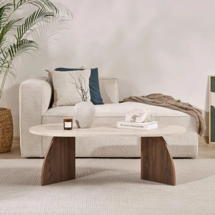 Hanah Home Stilvoller Couchtisch, 120 cm x 60 cm x 40 cm | 100% melaminbeschichtete Spanplatte, 18 mm stark | Elegante Oberfläche in Travertin- und Venezia-Walnuss-Optik, Tragkraft 25 kg – Bild 5