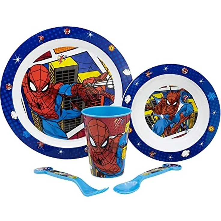Kunststoff Kindergeschirr Set Motiv (5 tlg.) Schüssel, Teller, Becher & Besteck MARVEL Spider-Man – Bild 1