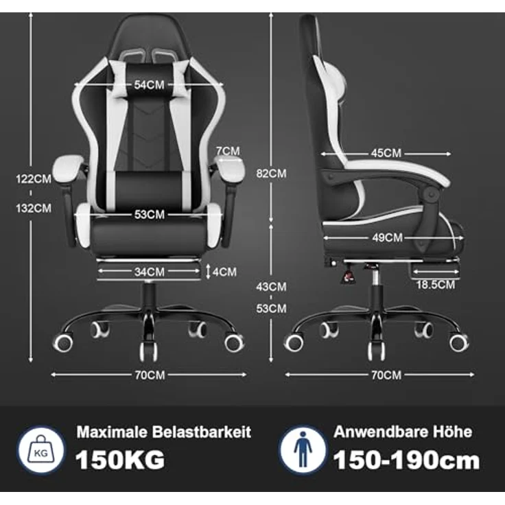 JUMMICO Gaming Stuhl, Bürostuhl Ergonomisch Mit Massagefunktion, Gamer Stuhl verstellbare Rückenlehne 90-135°,und fußstütze, Gamingstuhl 150 kg belastbarkeit, Weiß – Bild 3