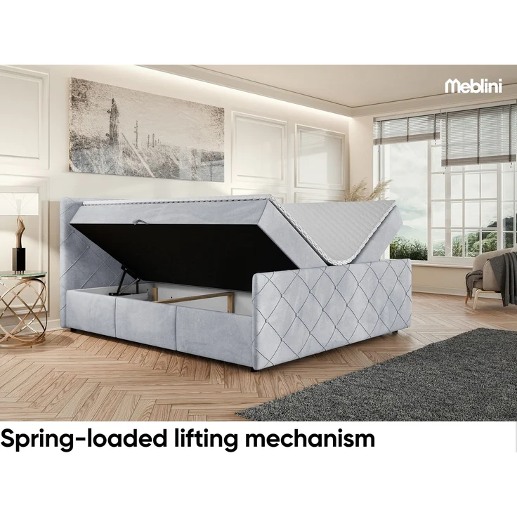 MEBLINI Boxspringbett HENRY 160x200cm - H3P/Hellgrau Samt - mit Bettkasten - Polsterbett - Doppelbett mit Topper & Taschenfederkern-Matratze – Bild 3